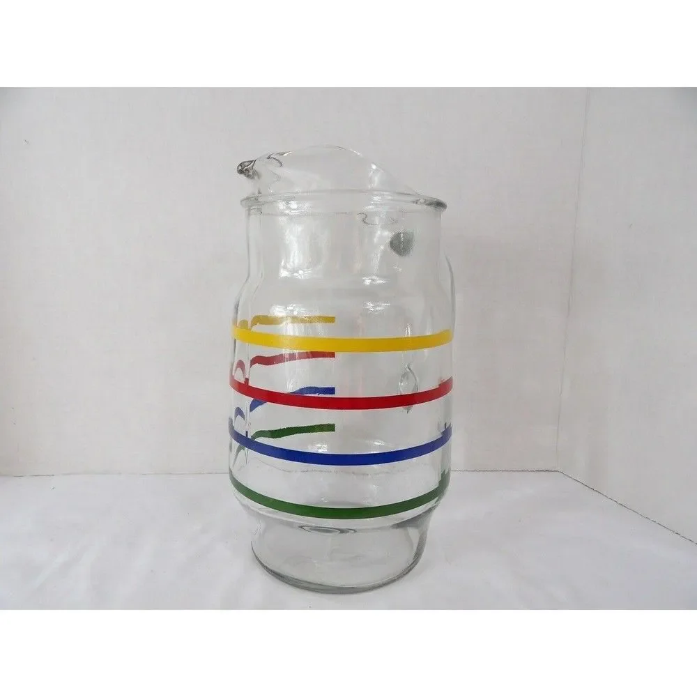 Pitcher Anchor Hocking Fiesta Glass Ice Lip Rainbow Colors Stripe 72 Oz Tea